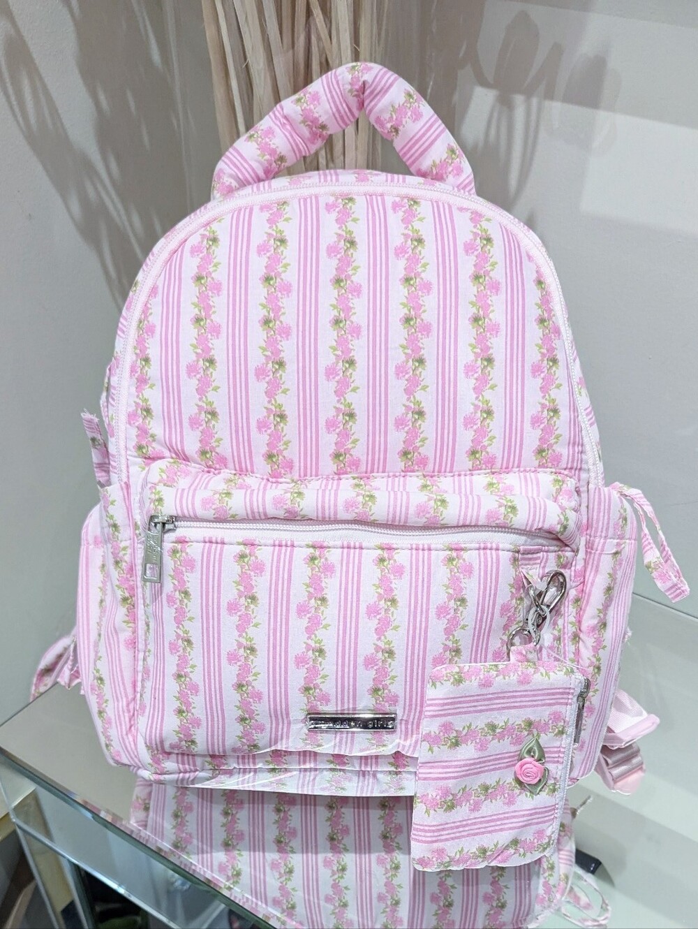 New MADDEN GIRL Pink Floral Stripe Vintage-Style Fabric Backpack + Coin Purse